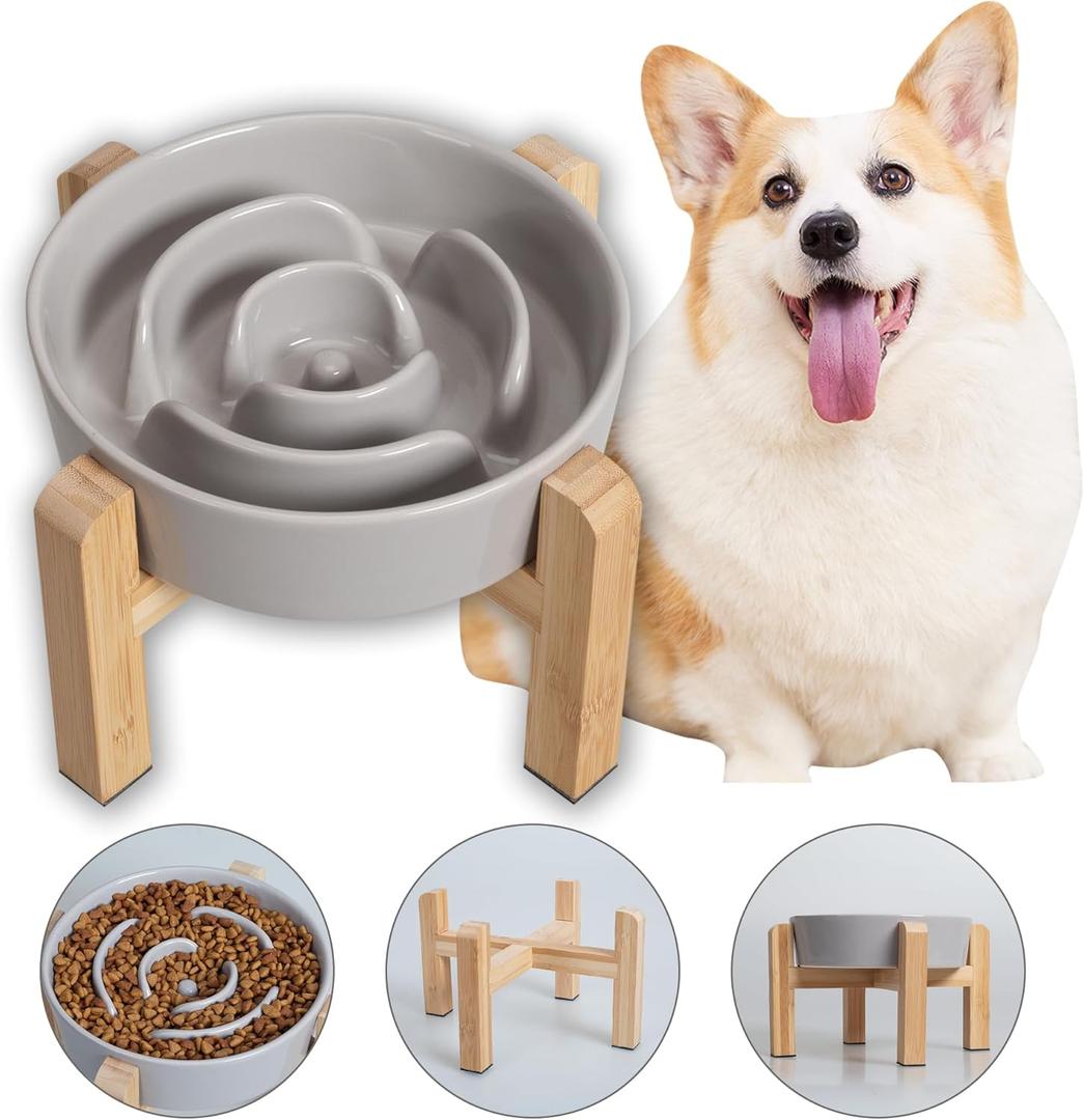 Elevated Slow Feeder Dog Bowl - Ceramic Maze Food Dish with Bamboo Stand - Raised Feeding Bowl for Fast Eaters - Ideal for Small and Medium Dogs - Grey - 6.7 inch (1.25 CUP)