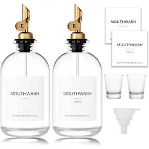 Mouthwash Dispenser for Bathroom, 12.7 Oz, 2 Pack - Glass Mouthwash Bottle with 304 Stainless Steel Spout & Minimalist Labels, Style Mouthwash Container, Gold
