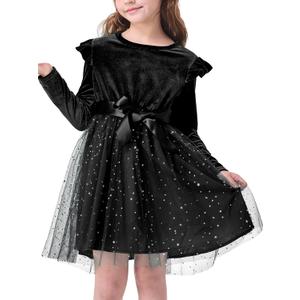 Toddler Girl Tutu Dress Long Sleeve Star Sequin Bowknot Velvet Party Tulle Dresses Princess Birthday for 2T (Black)