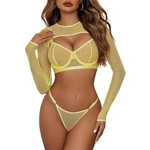 Avidlove Sexy Lingerie Set Rave Outfits For Women Fishnet Long Sleeve Crop Top Sheer Bra and Panty 3 Piece (Small)
