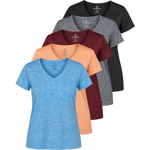 Real Essentials 5 Pack: Women's Dry-Fit Short Sleeve V Neck T Shirt Workout Fitness Yoga Top Tee (Large)