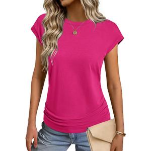 GKBK Womens Summer Cotton Tops Ruched Cap Short Sleeve Tshirts Crew Neck Shirts Fashion Trendy 2026 (Pink, L)