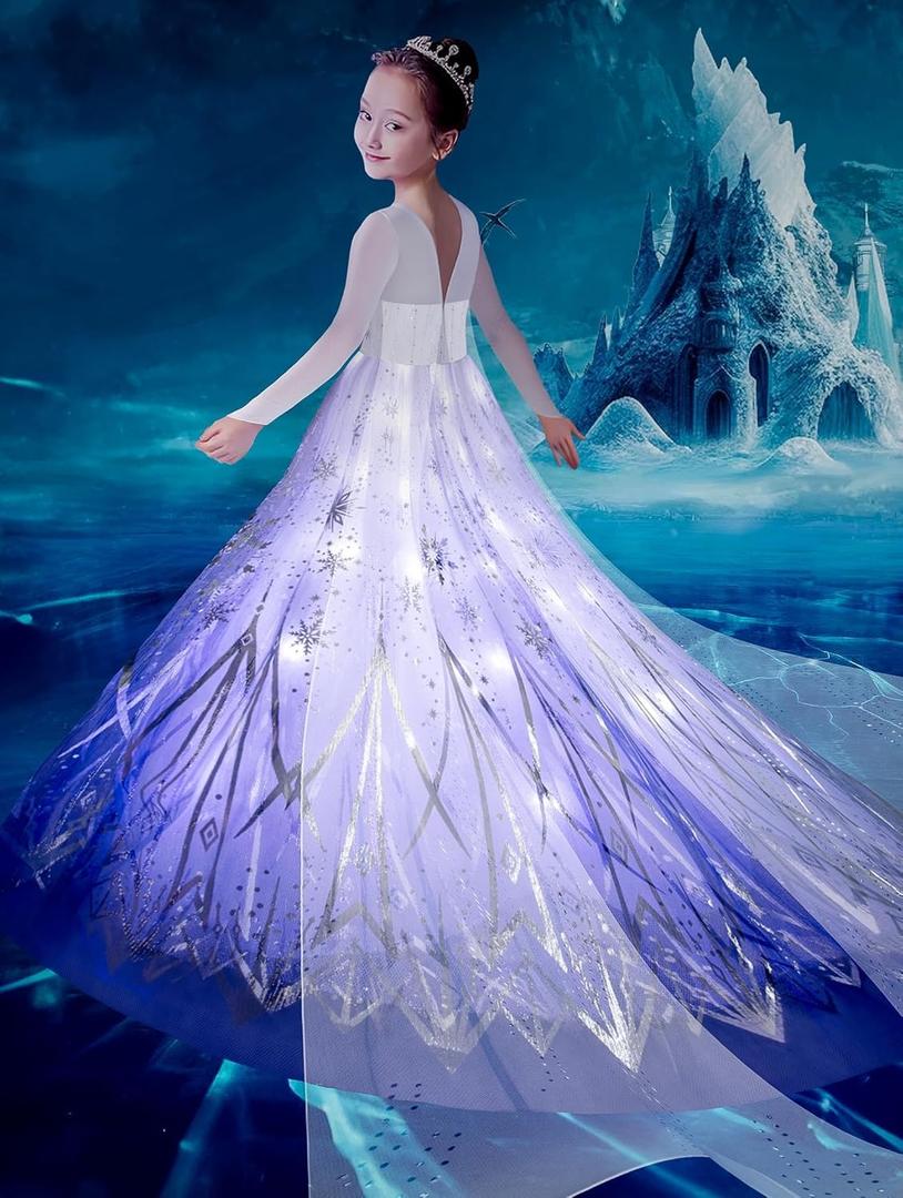 Princess Costume for Girls Princess Dress Up Clothes for Toddler Kids Halloween Costume with Cape, Light, Purple (9-10 Years, White Purple)