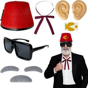 8 Pcs Halloween Old Man Costumes Accessories, Red Fez Hat, Gray Beard Eyebrow, Black Square Glasses, Fake Ears, Long Silk Bow Tie for Halloween Men Cosplay Dress up