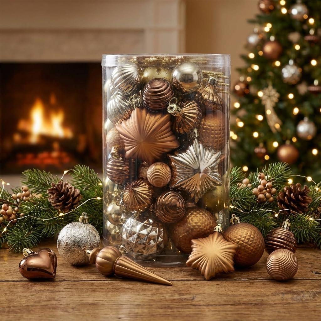 Valery Madelyn 60ct Christmas Tree Decorations Ball Ornament Set, Bronze Copper Brown Gold Shatterproof Hanging Ornaments Bulk for Fall Thanksgiving Autumn Harvest Xmas Holiday Party Decor