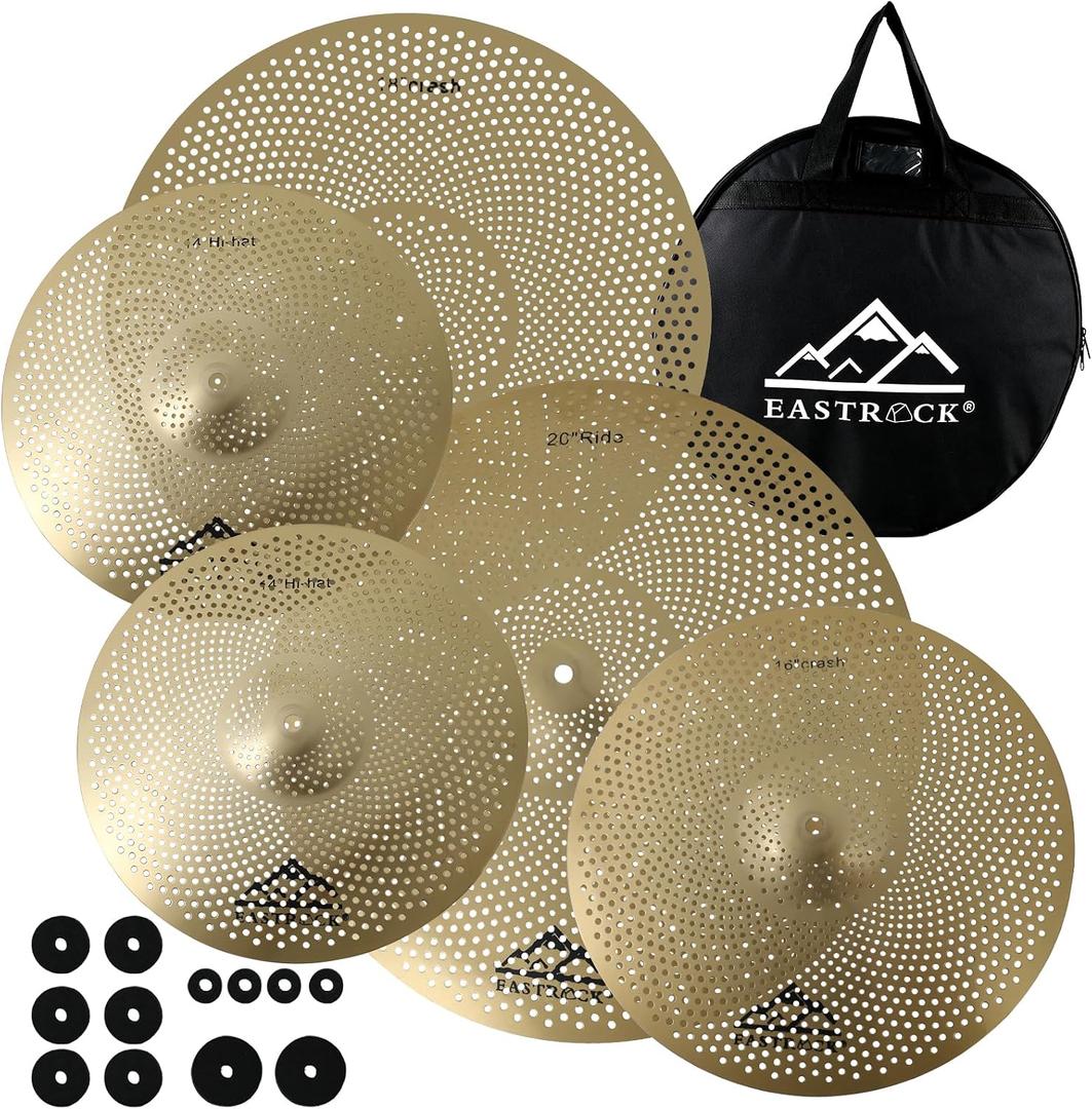 EASTROCK 5 Pieces Low Volume Cymbal Pack with Cymbal Bag and Felts,Golden