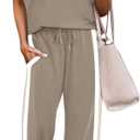 WIHOLL 2 Piece Lounge Sets for Women Matching Set Summer Outfits Short Sleeve Tops Wide Leg Pants with Pockets, Large, Coffee