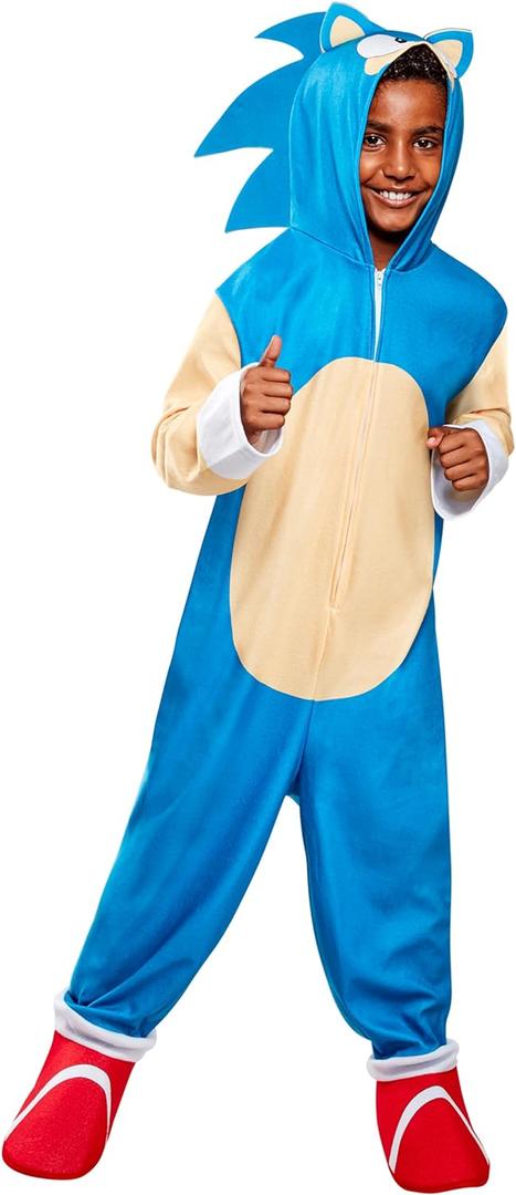 Sonic the Hedgehog: Oversized Hooded Zipster Jumpsuit for Kids by Rubies, Boy's Small