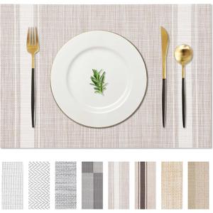 AHHFSMEI Placemats for Dining Table Set of 4 Woven Vinyl Plastic Place Mats Non-Slip Heat Insulation Stain Resistant Table Mats Washable Easy Clean Placemats (Beige White Stripe 4) (17.7X11.8 inches set of 4)