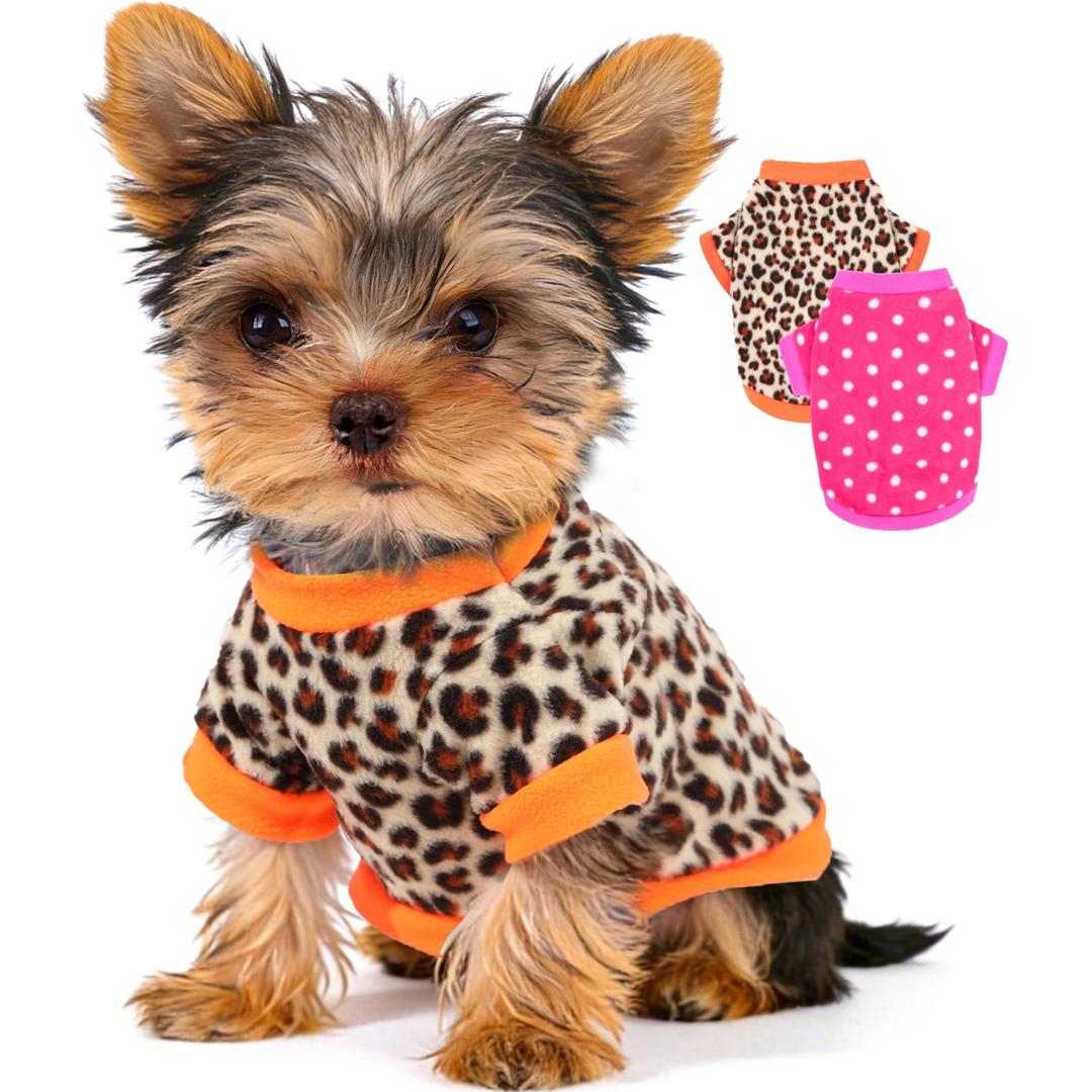 2 Pieces Dog Sweaters for Small Dogs Girl Fleece Puppy Sweater for Chihuahua Yorkie Clothes Soft Warm Dog Clothes Doggie Pet Outfit Apparel Polka dots Leopard Print, S