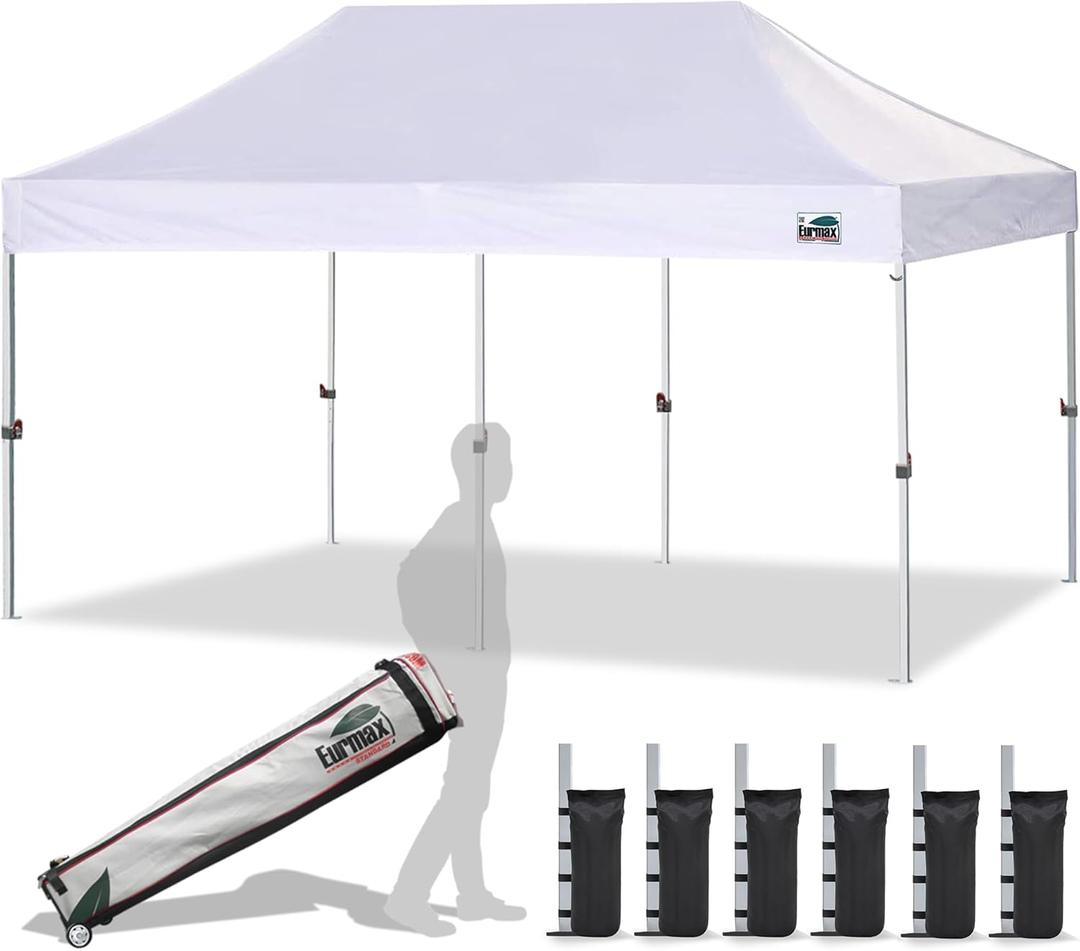 Eurmax USA 10'x20' Pop Up Canopy Tent Commercial Instant Canopies with Heavy Duty Roller Bag,Bonus 6 Sand Weights Bags (White)