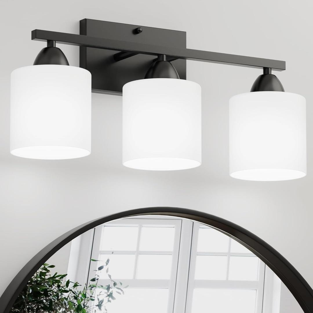 Black Bathroom Lights Over Mirror, Anti-rust Vanity Light Fixture for Bathroom, Modern 3-Light Wall Sconce Light for Living Room, Standard E26 Base, Milky White Glass Shades, Bulbs Not Included