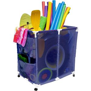 Pool Bins Outdoor Pool Floats, Balls, Toys and Equipment Rolling Mesh Organizer Storage Bin, Large (35" W x 25.4" L x 37.5" H), Blue/White
