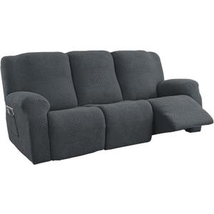 5-Piece Stretch Geometric Recliner Sofa Cover, 3 Seater, Navy Blue | Side Pocket, Fits 72"-99"Wide Reclining Couch,Pet-Friendly Protector,Jacquard Fabric,Machine Washable,Furniture Protector, Dark Gray, 72-99in (3 seater)