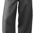 Tanming Womens Linen Pants Casual Capri Baggy Wide Leg Trousers Palazzo Pants Beach Vacation Outfits (Grey, L)