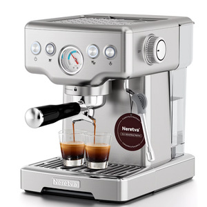 Neretva Espresso Machine, 15 Bar Espresso Coffee Machine with Visible Pressure Guage Professional Espresso Maker with Milk Frother & Stainless Steel for Home Barista Latte and Cappuccino Maker-Silver