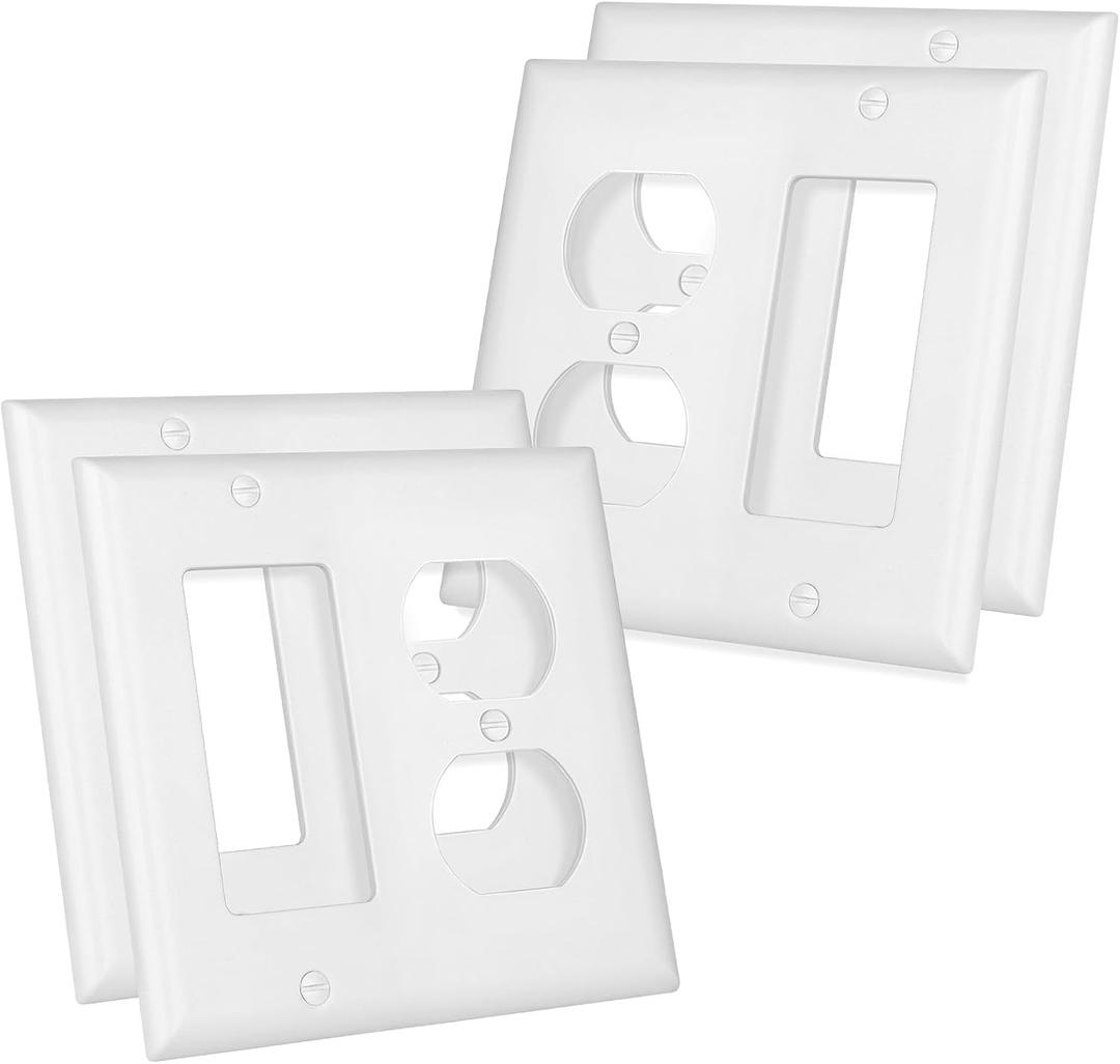 4 Pack Combination Duplex Outlet Cover/Decorator Light Switch, Standard Size 2-Gang 4.57" X 4.57", Unbreakable And High Temperature Resistant Wall Plate Covers, White