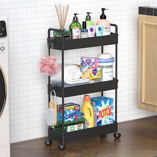 SOLEJAZZ Slim Rolling Storage Cart with Wheels 3 Tier Skinny Bathroom Storage Organizer Thin Laundry Room Utility Cart Space-Saving for Bedside Kitchen Office Small Narrow Places, Black : Home & Kitchen