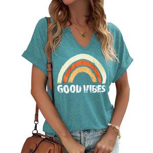 Women Good Vibes Rainbow V Neck Shirt Funny Summer Graphic Short Sleeve Tee Casual Letter Print Tops(L, G-Cyan) Women Good Vibes Rainbow V Neck Shirt Funny Summer Graphic Short Sleeve Tee Casual Letter Print Tops(L, G-Cyan)