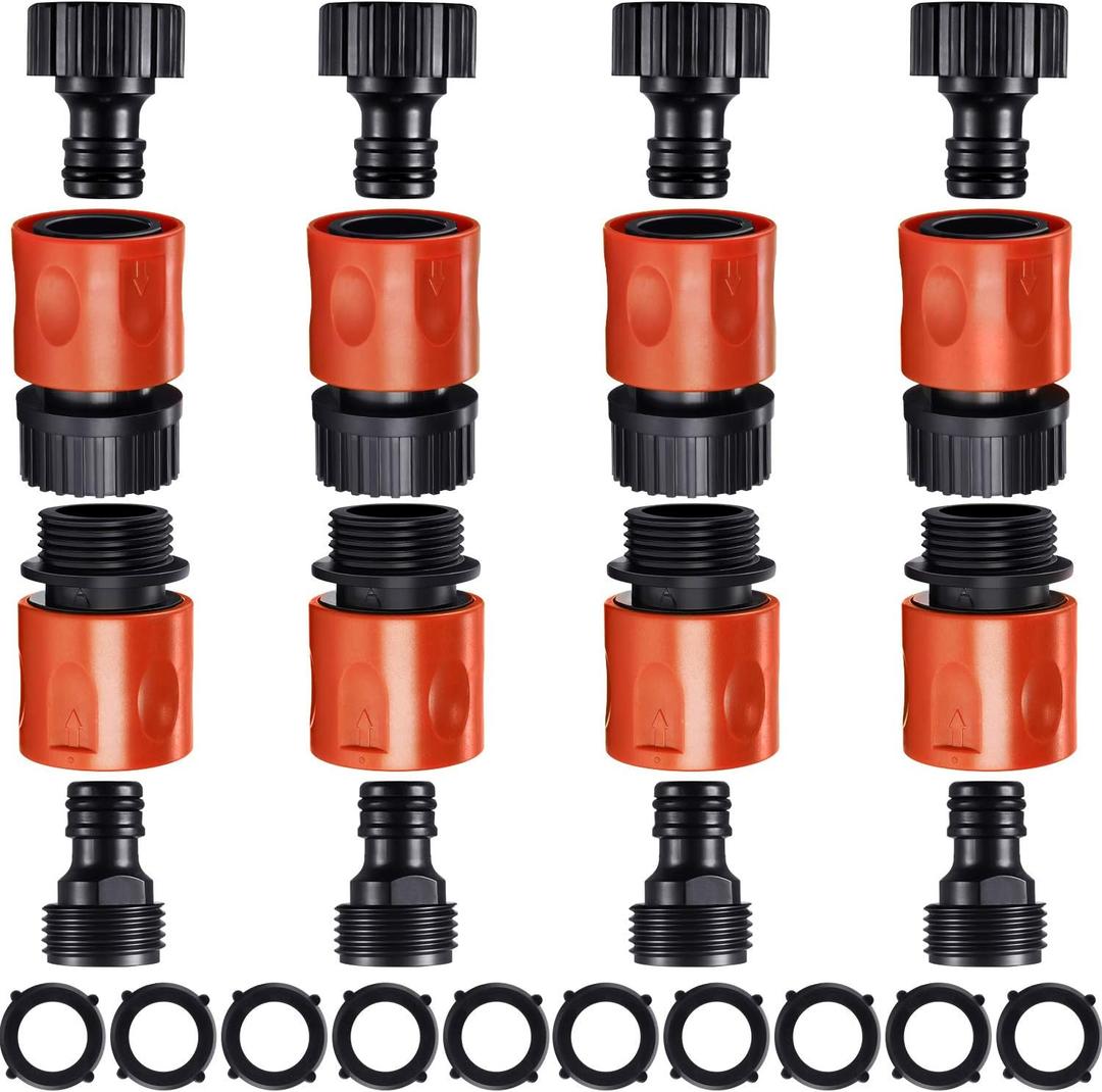 Hotop 16 Pieces Garden Hose Quick Connector 3/4 Inch Plastic Water Hose Fittings Male and Female Connectors End Adapters with 10 Pieces Rubber Gaskets(Red, Black)