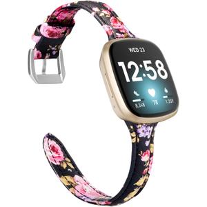 Moolia Compatible with Fitbit Versa 4/Versa 3/Sense 2/Sense Band for Women Slim Strap, Top Grain Genuine Thin Leather Replacement Wristband for Women for Versa 4/Versa 3 Watch Band, Black Pink