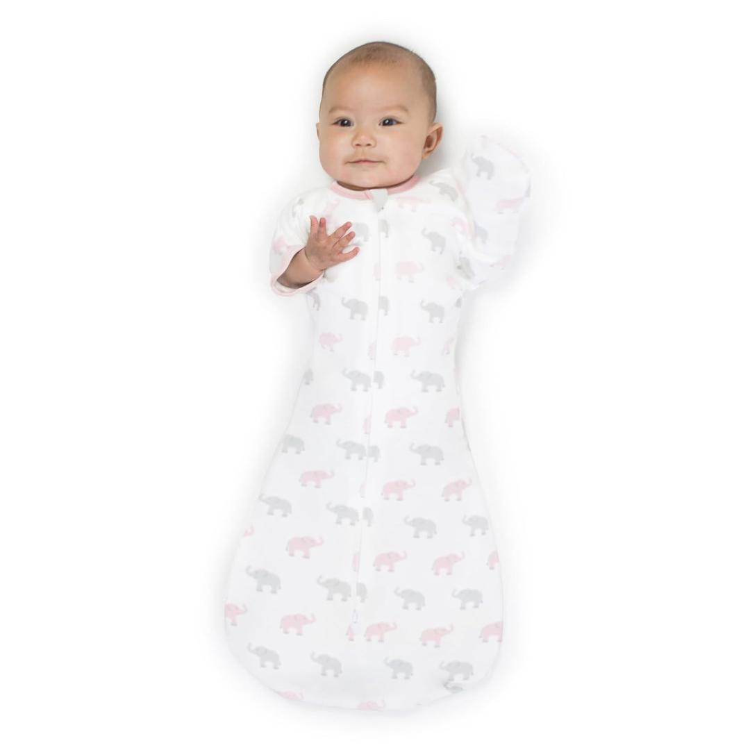 Amazing Baby Transitional Swaddle Sack, Arms Up Half-Length Sleeves & Mitten Cuffs, Swaddle for Newborn Transition to Baby Sleep Sack Wearable Blanket, Large, 6-9 mo, 21-24 lb, Pink Tiny Elephants