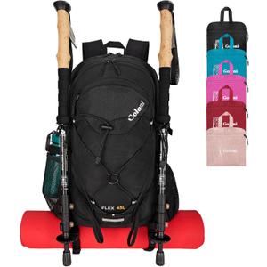 Goloni 45L Hiking Backpack Lightweight Foldable, Waterproof Camping Backpack with Rain Cover & Hiking Pole Mat Carrying System, Ergonomic Water Resistant Daypack for Trekking Travel Men Women,Black
