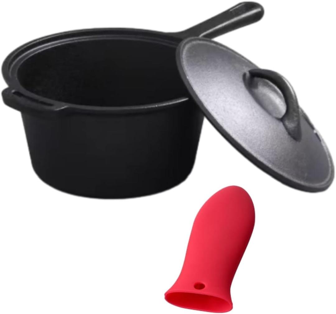 2 Quart Cast Iron Sauce Pan with Lid, Handle and Handle sleeve Small Cast Iron Pot Kitchen Cookware for All Cooktops Making Pasta Sauce, Soup, Milk