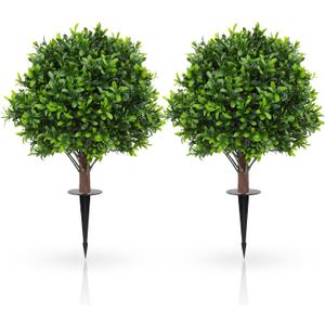 JTING' CHOISIR Set of 2 Artificial Boxwood Topiary Ball Trees with Ground Spike, 26 Inches UV Resistant Fake Plant Bushes Shrubs, for Indoor Outdoor Front Porch Garden (Boxwood)