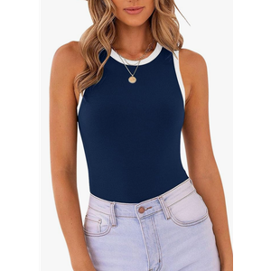 MISSJOY Women's Basic Sleeveless Racer Back Halter Neck Ribbed Bodysuit Tank Tops, Medium, Navy Blue 