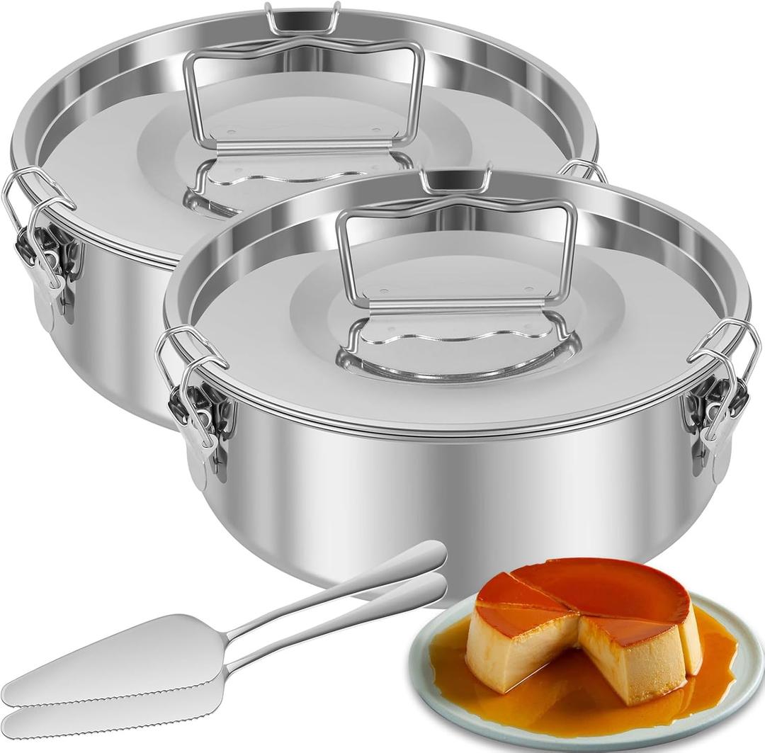 2 Pack Flan Pan Mold with Lid and Spatula 1.5QT Stainless Steel Molde Para Flan Molds Pans Containers for 6QT to 8QT Pot Baking with Water Bath 7.5 x 3 Inch