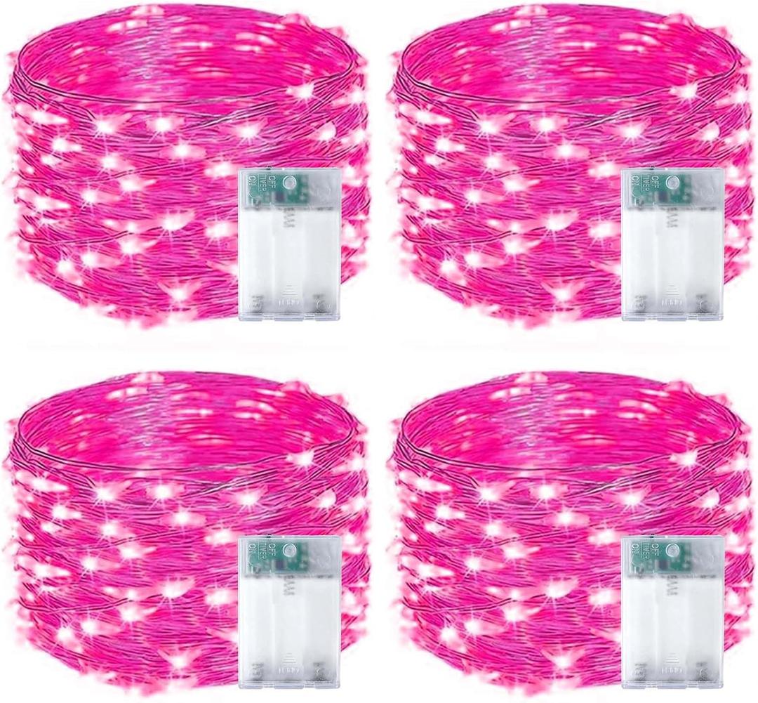 4-Pack 50 LED Pink Fairy Lights Battery Operated with Timer, 16FT Waterproof Starry String Lights Outdoor Indoor, Valentiens Lights for Valentine's Day Bedroom Wedding Birthday Christmas Party Decor (4 pack 50 LED, Pink)