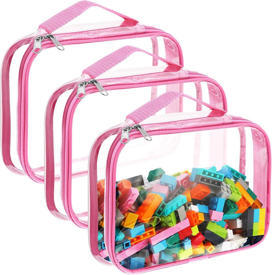 Sanwuta 3 Packs Toy Storage Bags with Zipper, Clear PVC Organizing Waterproof Toy Bags for Board Games, Building Blocks, and Kids Books(12.6 x 9 x 2.36 Inch,Pink)