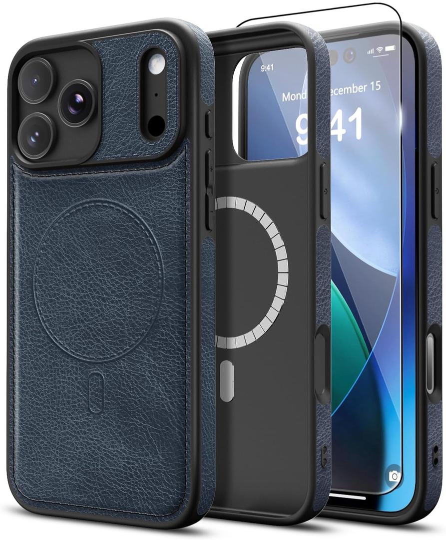 Magnetic for iPhone 17 Pro Max Leather Case, [Compatible with Magsafe] Business Classic Style Shockproof Men WomenProtective Slim fit Phone Cover for iPhone 17 Pro Max, Blue