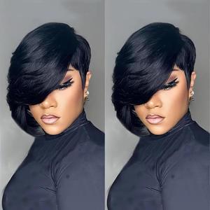 VRZ Pixie Cut Wigs for Black Women Side Part Chic Elegent Short Layered Pixie Cut Human Hair Wig With Bangs Full Machine Made wigs Human Hair Glueless Wear and Go