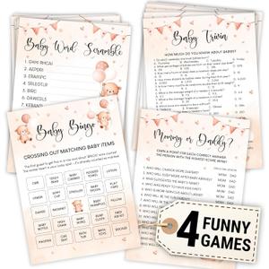 WOODAMORE Bear Baby Shower Games  4 Fun Baby Games for Shower Party, Bingo, Word Scramble, Mommy or Daddy, Bearly Wait Theme
