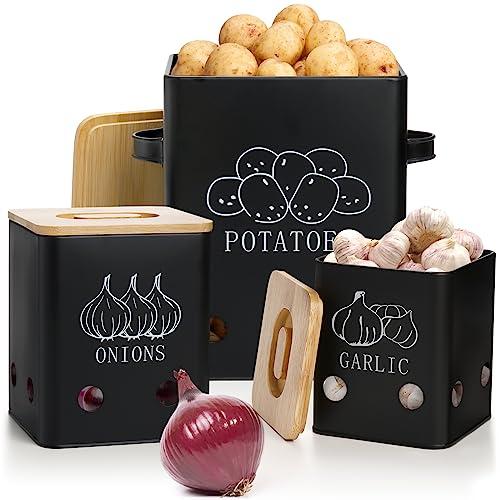 WUWEOT 3 Pack Vegetable Storage Tins, Potato Onion Garlic Storage Canister, Black Metal Vegetable Fresh Keeper Caddy, Kitchen Pantry Organizer Jars with Bamboo Lid and Aerating Holes