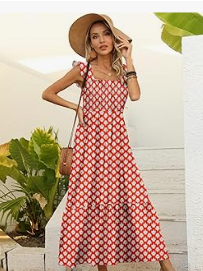 LOLONG Maxi Dress for Women Summer Boho Spaghetti Strap Square Neck Ruffle Beach Sun Dress, M