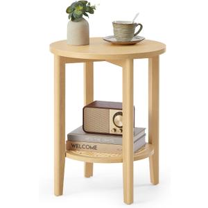 VASAGLE Round Side End Table, 2-Tier Boho Bedside Table with Rattan-Look, 1 Pack