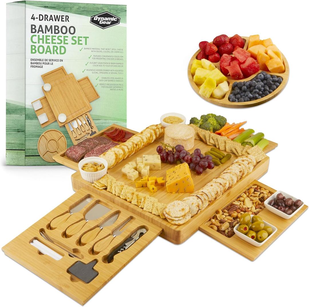 Dynamic Gear Charcuterie Board with Pull Out Drawers - Expandable Bamboo Cheese Board Set with Utensils, Bowls, Serving Trays, Utensil Drawer, and Appetizer Tray - Chic Charcuterie Boards with Drawers