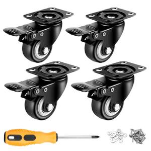 2 inch Casters Set of 4 with Brake, Polyurethane (PU) and Floor Protection, Noise-Free 360 Degree Swivel Wheels, Load Capacity-800lbs, Set of 4 (Includes Complete Screws Sets with Accessories)