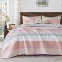 Andency Pink Quilt Queen(90x96Inch), 3 Pieces (1 Striped Quilt and 2 Pillowcases) Patchwork Striped Bedspread Coverlet Set, Soft Microfiber Lightweight All Season Quilted Bedding Set