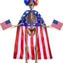 4th of July 6ft Skeleton Clothing Accessories, USA Flag Skeleton Costume with Fuzzy Wig, Patriotic Costume Cape String Flag for Outdoor Garden Lawn Decor Independence Day Party Celebration