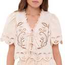 MOON RIVER Women's Short Sleeve Embroidered Eyelet Front Tie Top (Cream, L)