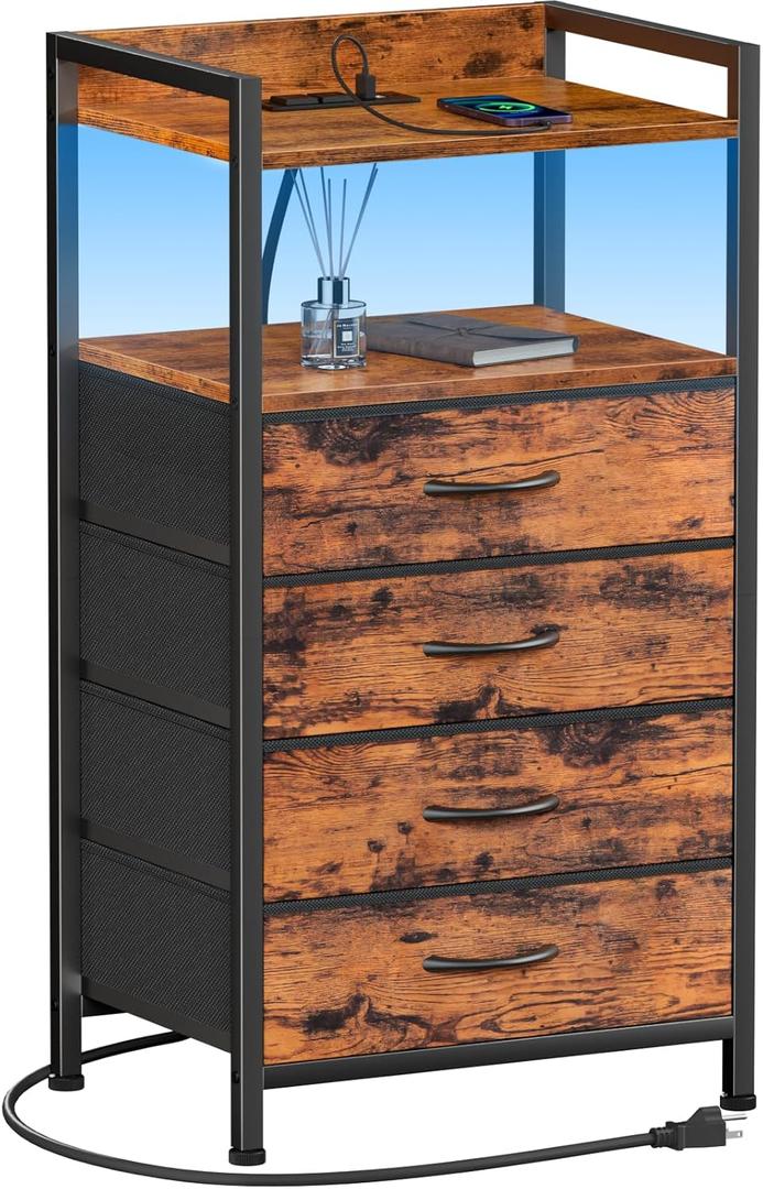 Furnulem Night Stand with Charging Station and Led Light, 4 Drawer Dresser for Bedroom, Small Nightstand Bedside Table, Fabric Bins, Metal Frame, Wood Shelf, Side Furniture(Rustic Brown)
