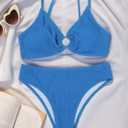 Fanuerg Women's Ribbed Triangle Bikini Sets O Ring Linked Two Piece Swimsuit Textured Cheeky Swim Bathing Suit (Blue, S)