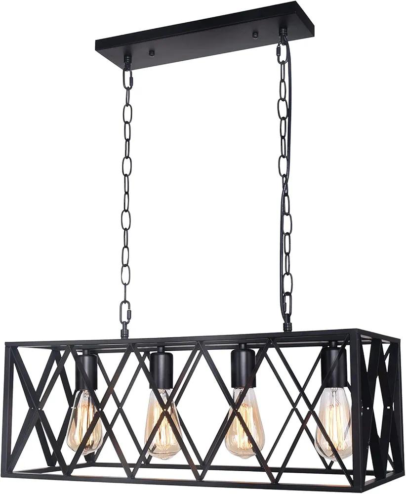 Industrial Black Kitchen Island Light, 4-Light Cage Dining Room Chandeliers Farmhouse Ceiling Hanging Pendant Lighting for Kitchen Pool Table Living Room