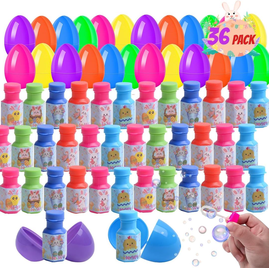 36 Pack Prefilled Easter Eggs with Toys Mini Bubble Wands Inside, Kids Easter Basket Stuffers with Bubble Blowing Toys Gifts for Kids Boys Girls Party Favors Egg Hunt Supplies