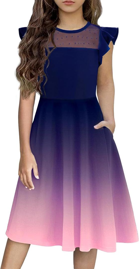 Flypigs Kids Dress Ruffle Short Sleeve Party Formal Special Occasion Wedding Summer Girls Girl Dresses, Pink 9-10 Years