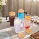 32oz Ribbed Glass Cup with Handle Bamboo Lid and Straw, Glass Tumbler, Iced Coffee Cups Hot/Cold Drinks (Black Handle)